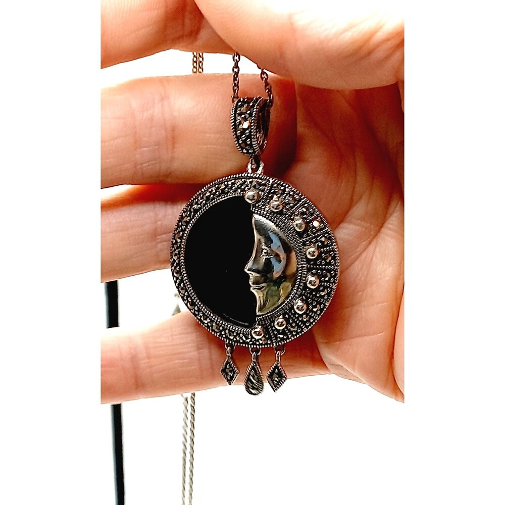Celestial Sterling Pendant Necklace Earrings  Black Onyx Marcasite Man-in-Moon - Picture 8 of 12